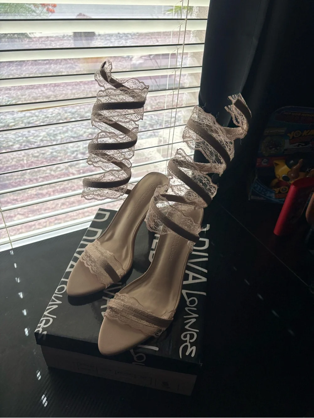Wild Diva Lace Wrap Heels in Blush Nude